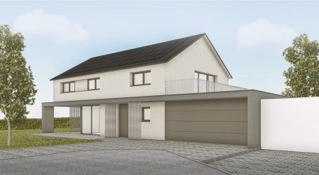 Modernes zweigeschossiges Haus mit Flachdach und Garagenanbau, umgeben von Bäumen.