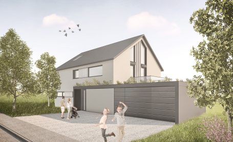 Modernes Haus mit Garagen, umgeben von Bäumen; Kinder spielen im Vordergrund.