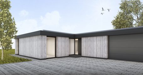 Moderne Architektur eines einstöckigen Hauses mit Holz- und Glasfassade.