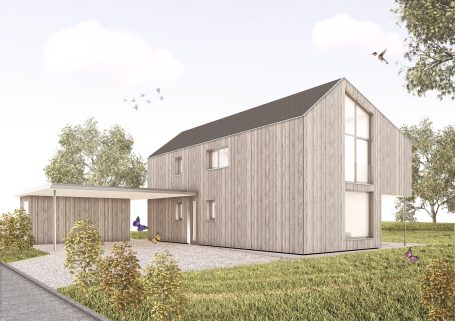 Modernes Holzhaus mit flachem Dach, umgeben von Bäumen und einem gepflegten Garten.